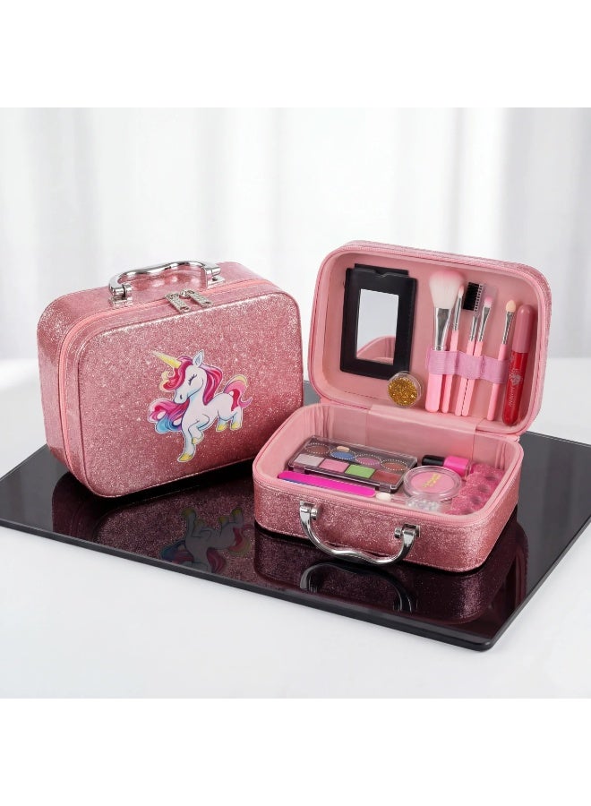 Unicorn Themed Kids Makeup Kit in Carry Case – Washable & Non-Toxic Cosmetic Play Set for Girls – Includes Brushes, Mirror, Nail Polish & Accessories – Perfect Birthday Gift